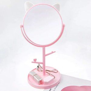 Desk Mirror in Cute Cat Ears Shape - Vanity Mirror for Bathroom or Bedroom- Pink